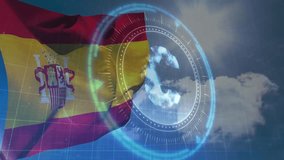 Waving Spanish flag over digital animation of globe with technology interface. innovation, global, network, connection, futuristic, cyberspace - Powered by Shutterstock - Get 15% off with code: PIKWIZARD15