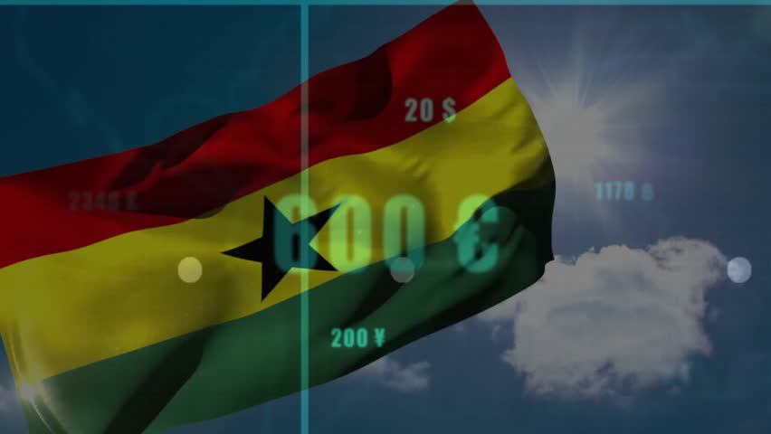 Animation of Ghanaian flag with financial graphs overlaying cloudy sky. Finance, economy, stock market, data analytics, investment, national - Powered by Shutterstock - Get 15% off with code: PIKWIZARD15