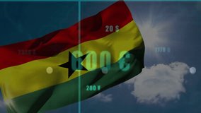 Animation of Ghanaian flag with financial graphs overlaying cloudy sky. Finance, economy, stock market, data analytics, investment, national - Powered by Shutterstock - Get 15% off with code: PIKWIZARD15