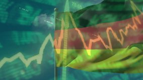 Waving German flag with animation overlaying financial stock market data. Economy, finance, trading, investment, analytics, currency - Powered by Shutterstock - Get 15% off with code: PIKWIZARD15