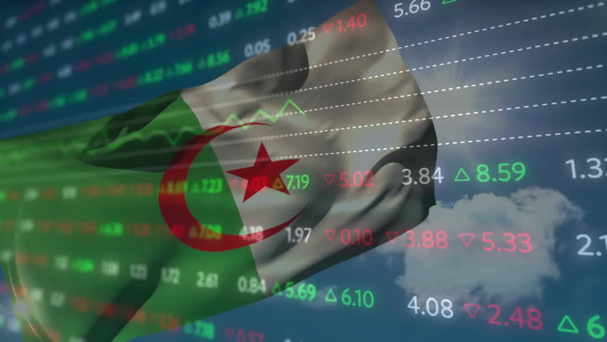 Overlaying Algerian flag, animation showing stock market data with financial graphs. Finance, investment, economy, data analysis, trading, growth - Powered by Shutterstock - Get 15% off with code: PIKWIZARD15