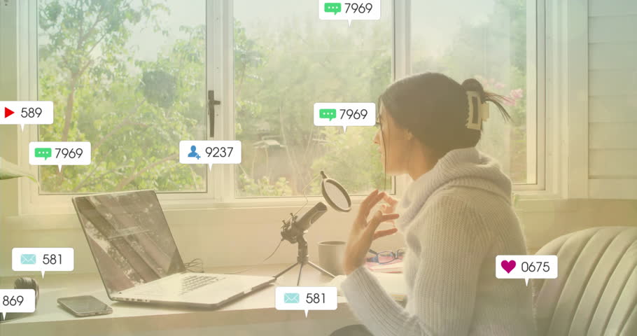 Recording podcast at home, person engaging with animation of social media notifications. broadcasting, communication, influencer, content creator, technology, engagement