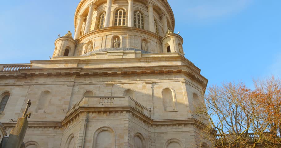 Exterior view of architecture of Basilica of Notre-Dame in Boulogne-sur-mer, France during daytime. 4k.