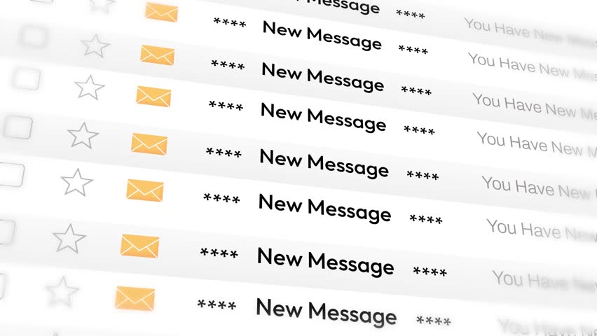 New Message showing in the email style, 4k animation scrolling with lot of messages concept. Unread message, email marketing.