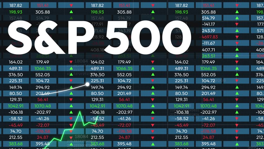 S and P 500 index symbol with stock market going up along green graph 4K Animation. Finance, points, funds, growth, profit, revenue