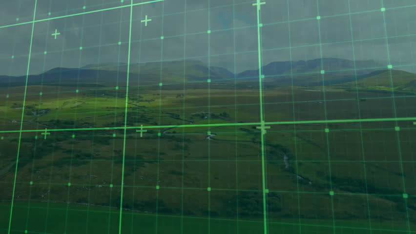 Green grid overlay animation over aerial view of expansive landscape. Technology, digital, innovation, data, network, visualization
