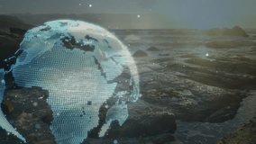 Digital globe with network connections animating over ocean landscape at sunset. Technology, connectivity, global, futuristic, innovation, virtual - Powered by Shutterstock - Get 15% off with code: PIKWIZARD15