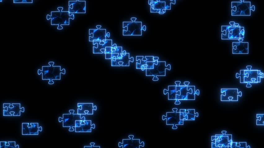 glowing puzzle animation. high tech puzzle animated abstract motion background. glowing puzzle animated high tech motion. blue high tech puzzle falling down animation