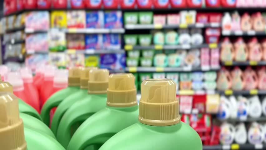 shopping in supermarket.(washing powder,detergent,shampoo, soap)