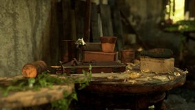 In a rustic workshop, various tools and materials are arranged on a wooden table, surrounded by greenery and natural light filtering through a window, creating a peaceful atmosphere. - Powered by Shutterstock - Get 15% off with code: PIKWIZARD15