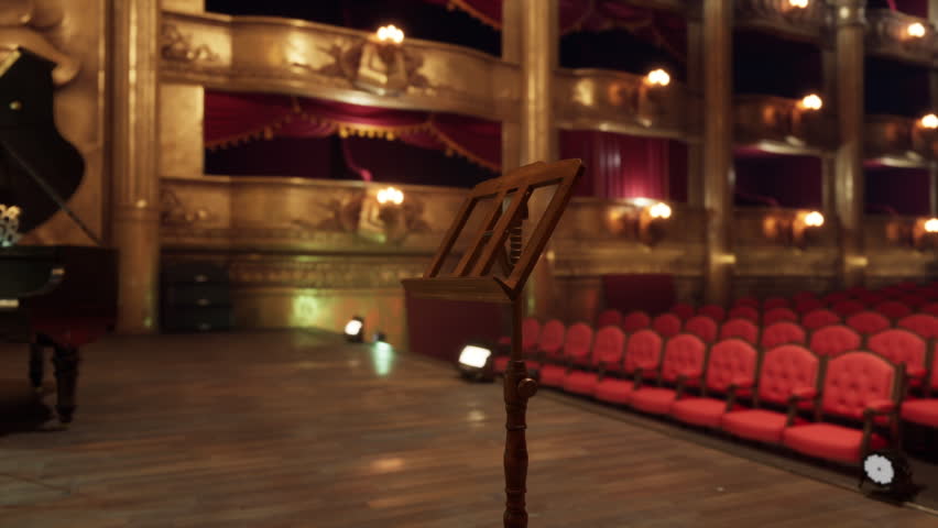 An old opera house interior showcases ornate architecture, a grand piano on stage, and a vacant audience area filled with red velvet seats, reflecting its rich history of performances.