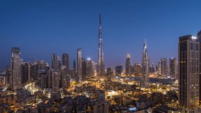 Timelapse of view of sunrise over the Burj Khalifa and other towers in Downtown Dubai, United Arab Emirates (UAE), modern cities and skylines, business and finance concept. - Powered by Shutterstock - Get 15% off with code: PIKWIZARD15
