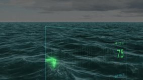 Animation of digital graphs overlaying ocean waves under cloudy sky. Data visualization, technology, analytics, oceanography, innovation, finance - Powered by Shutterstock - Get 15% off with code: PIKWIZARD15