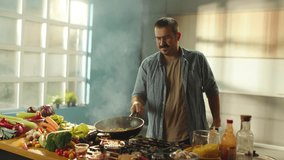 A chef in a professional kitchen performs a flamb� cooking technique, tossing vegetables in a wok with flames rising, showcasing culinary expertise - Powered by Shutterstock - Get 15% off with code: PIKWIZARD15