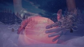 Hand with bracelets touching glowing orb over snowy forest animation. Fantasy, magic, mystical, winter, wonderland, enchantment - Powered by Shutterstock - Get 15% off with code: PIKWIZARD15
