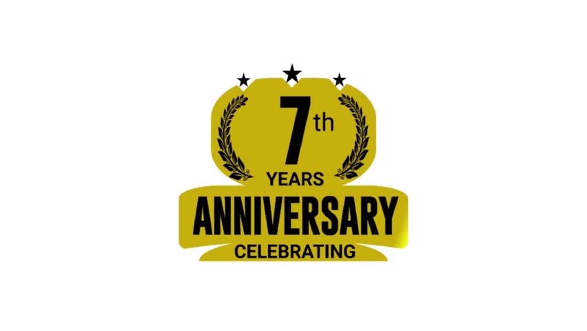 7 years anniversary Celebrating template logo gold and black color isolated on white background, 7th years anniversary luxury badge, animation in high quality.