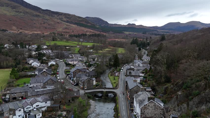 Aerial view of tourist village of Beddgelert Wales Snowdonia