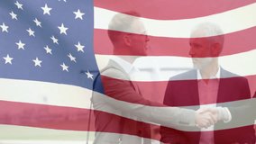 Shaking hands, business people with American flag animation overlay in background. Partnership, agreement, handshake, collaboration, corporate, diplomacy - Powered by Shutterstock - Get 15% off with code: PIKWIZARD15