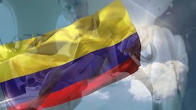 Animation of Colombian flag overlaying handshake between business people on airplane. agreement, collaboration, corporate, international, travel, partnership - Powered by Shutterstock - Get 15% off with code: PIKWIZARD15