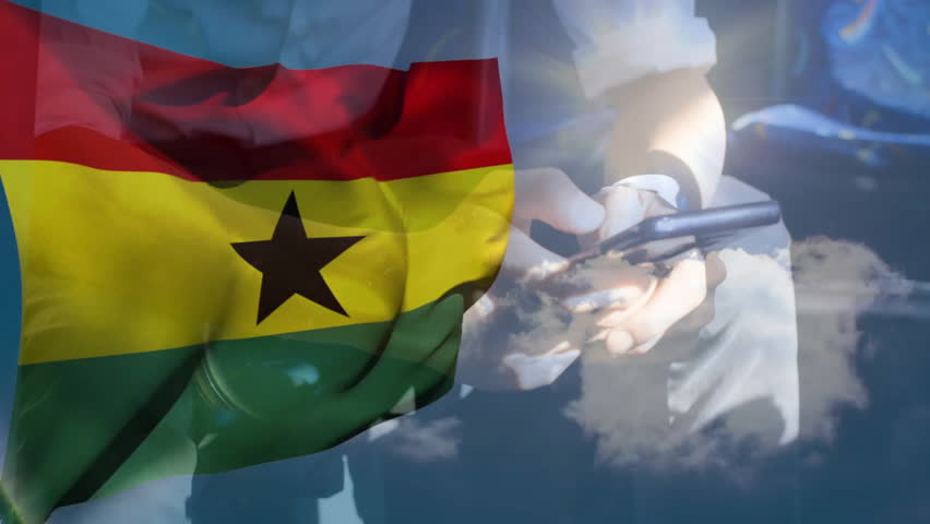 Ghana flag waving, person talking on phone with cloudy sky animation overlay. Telecommunication, conversation, patriotism, celestial, atmosphere, communication - Powered by Shutterstock - Get 15% off with code: PIKWIZARD15