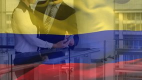 Discussing in modern office, business professionals with Ukrainian flag animation overlay. teamwork, diversity, corporate, collaboration, patriotism, post-production - Powered by Shutterstock - Get 15% off with code: PIKWIZARD15