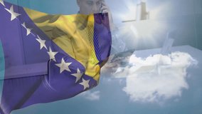 Using tablet with Bosnia and Herzegovina flag and clouds, businessman working animation. Technology, digital, analytics, corporate, international, communications - Powered by Shutterstock - Get 15% off with code: PIKWIZARD15