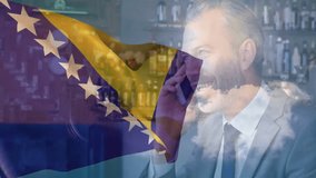 Talking on phone, businessman with Bosnia and Herzegovina flag animation overlay. communication, technology, networking, entrepreneur, conversation, corporate - Powered by Shutterstock - Get 15% off with code: PIKWIZARD15