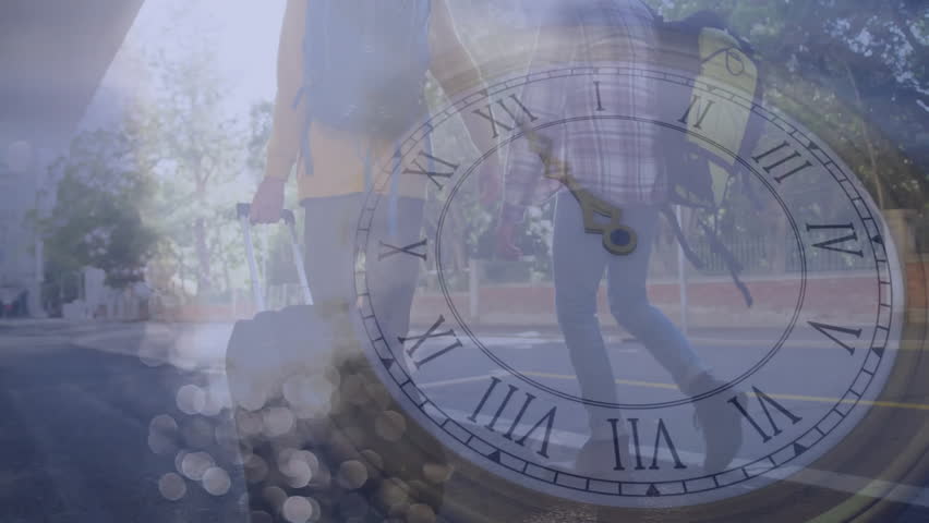 Animation of clock with Roman numerals overlaying silhouette of person with suitcase. Time, travel, journey, business, motion, countdown