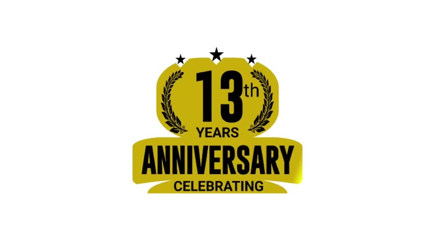 13 years anniversary Celebrating template logo gold and black color isolated on white background, 13th years anniversary luxury badge, animation in high quality.