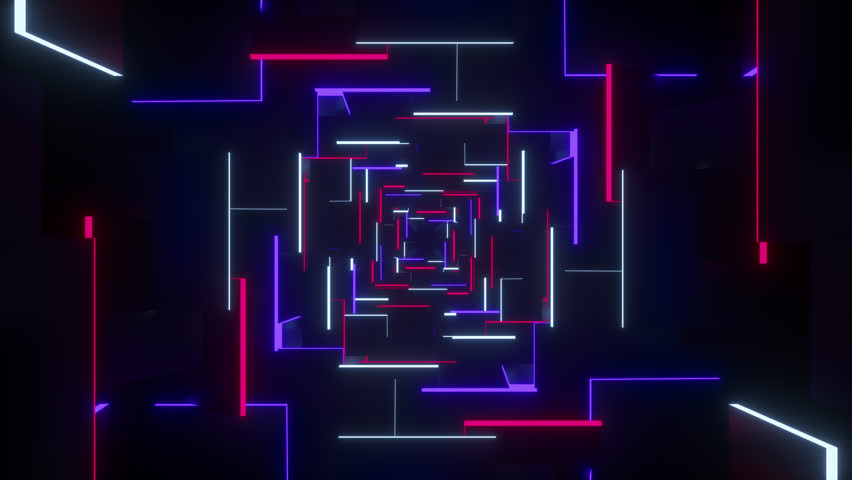 Endless tunnel of geometric shapes rotates with neon details on black background. Abstract backdrop for music festival, disco, dj party, concerts.