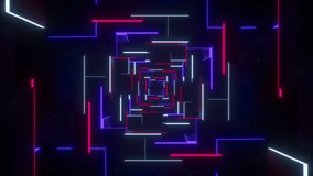 Endless tunnel of geometric shapes rotates with neon details on black background. Abstract backdrop for music festival, disco, dj party, concerts. - Powered by Shutterstock - Get 15% off with code: PIKWIZARD15
