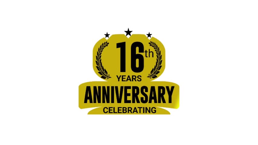 16 years anniversary Celebrating template logo gold and black color isolated on white background, 16th years anniversary luxury badge, animation in high quality.