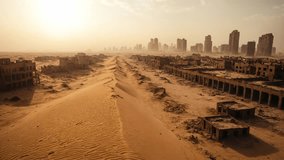 A desert landscape with ruined structures and a distant city skyline under a dusty atmosphere. The design suggests a post-urban environment and decay. - Powered by Shutterstock - Get 15% off with code: PIKWIZARD15