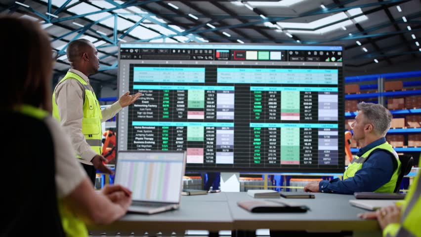 Warehouse Meeting With Workers. Giving Supply Chain Presentation - Powered by Shutterstock - Get 15% off with code: PIKWIZARD15