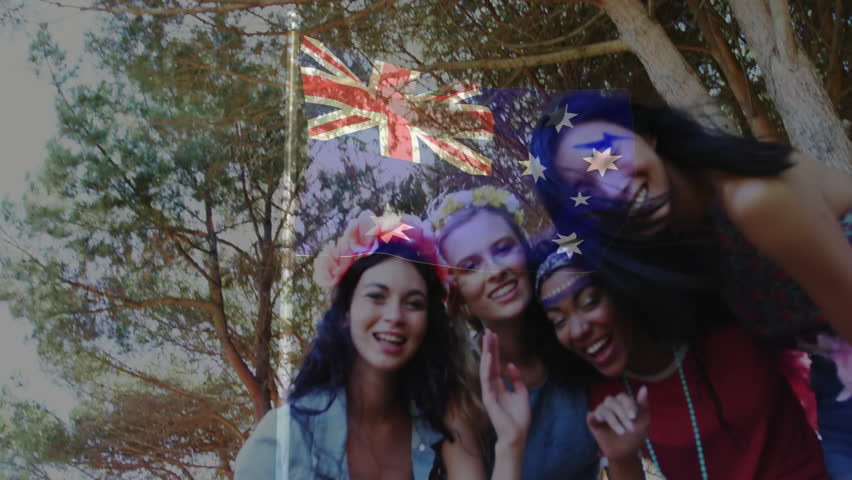 Smiling friends waving with Australian flag animation overlay on screen. celebration, cheerful, nationality, camaraderie