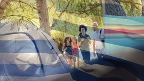 Walking in sunny forest, group of people with Uruguay flag animation overlay. Hiking, nature, outdoors, patriotism, team spirit, unity - Powered by Shutterstock - Get 15% off with code: PIKWIZARD15