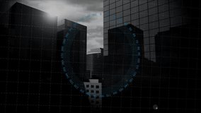 Animation of financial data charts and graphs overlaying cityscape with skyscrapers. Finance, economy, business, growth, analytics, investment - Powered by Shutterstock - Get 15% off with code: PIKWIZARD15