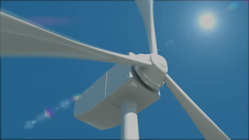 Wind turbine with data processing animation over blue sky background. Renewable, energy, technology, environment, sustainability, innovation
