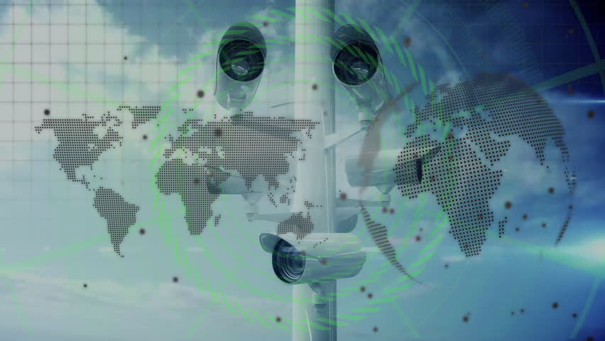 Surveillance cameras with digital world map and data processing animation overlay. Technology, cybersecurity, futuristic, security, network, innovation - Powered by Shutterstock - Get 15% off with code: PIKWIZARD15