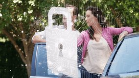 Couple standing by car with digital padlock and circuit overlay animation. Security, technology, transportation, innovation, safety, connection - Powered by Shutterstock - Get 15% off with code: PIKWIZARD15