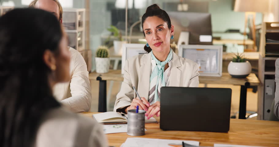 Business woman, interview and meeting with manager for hiring, job recruitment or consulting. Hr, candidate and team talk in office for internship opportunity, vacancy or listen to salary negotiation