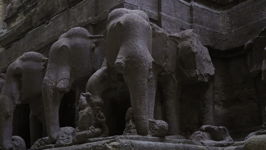 Elephants carved at the base of the 8th-century Kailasa Temple at the Ellora Caves in Aurangabad, Maharashtra, India.
