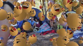Camping in forest, people surrounded by floating emoji faces, creating animation. Outdoor, adventure, technology, creativity, digital art - Powered by Shutterstock - Get 15% off with code: PIKWIZARD15