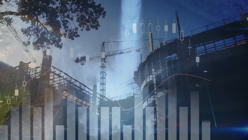 Overlaying animation of stock market data, cranes operating at construction site. Finance, industry, growth, development, investment, analytics