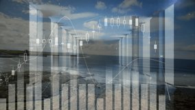 Coastal landscape with financial graphs and data processing animation overlay. Nature, finance, technology, analytics, innovation, business - Powered by Shutterstock - Get 15% off with code: PIKWIZARD15