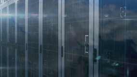Data processing animation over reflective glass panels in server room. Technology, servers, network, digital, infrastructure, innovation - Powered by Shutterstock - Get 15% off with code: PIKWIZARD15