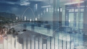 Overlaying financial data graphs on coastal landscape with ocean and mountains. Finance, analysis, environment, nature, investment - Powered by Shutterstock - Get 15% off with code: PIKWIZARD15
