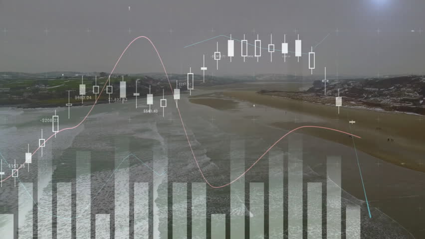 Animation of financial data graphs overlaying coastal landscape with waves and beach. Finance, investment, data analysis, economy, coastline, charts - Powered by Shutterstock - Get 15% off with code: PIKWIZARD15