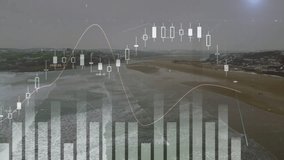 Animation of financial data graphs overlaying coastal landscape with waves and beach. Finance, investment, data analysis, economy, coastline, charts - Powered by Shutterstock - Get 15% off with code: PIKWIZARD15