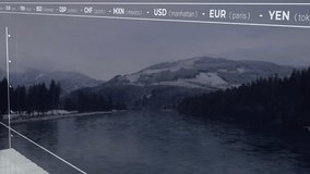 Financial data and currency exchange rates animation over snowy mountain landscape. Finance, economy, globalization, nature, technology, analytics - Powered by Shutterstock - Get 15% off with code: PIKWIZARD15